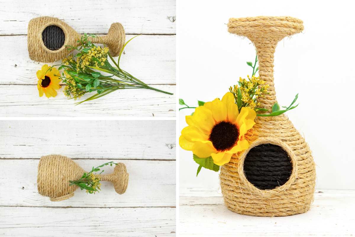adding flowers to beehive wine glass candle holder